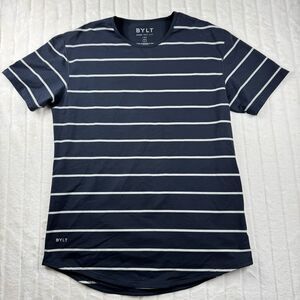 BYLT Drop Cut LUX T-Shirt Men's L Navy Stripe Crew Neck Short Sleeve Performance